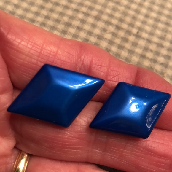 Vintage Royal Blue Glossy Beveled Diamond Shape Stud  Pierced Earrings - #432 - Picture 7 of 7